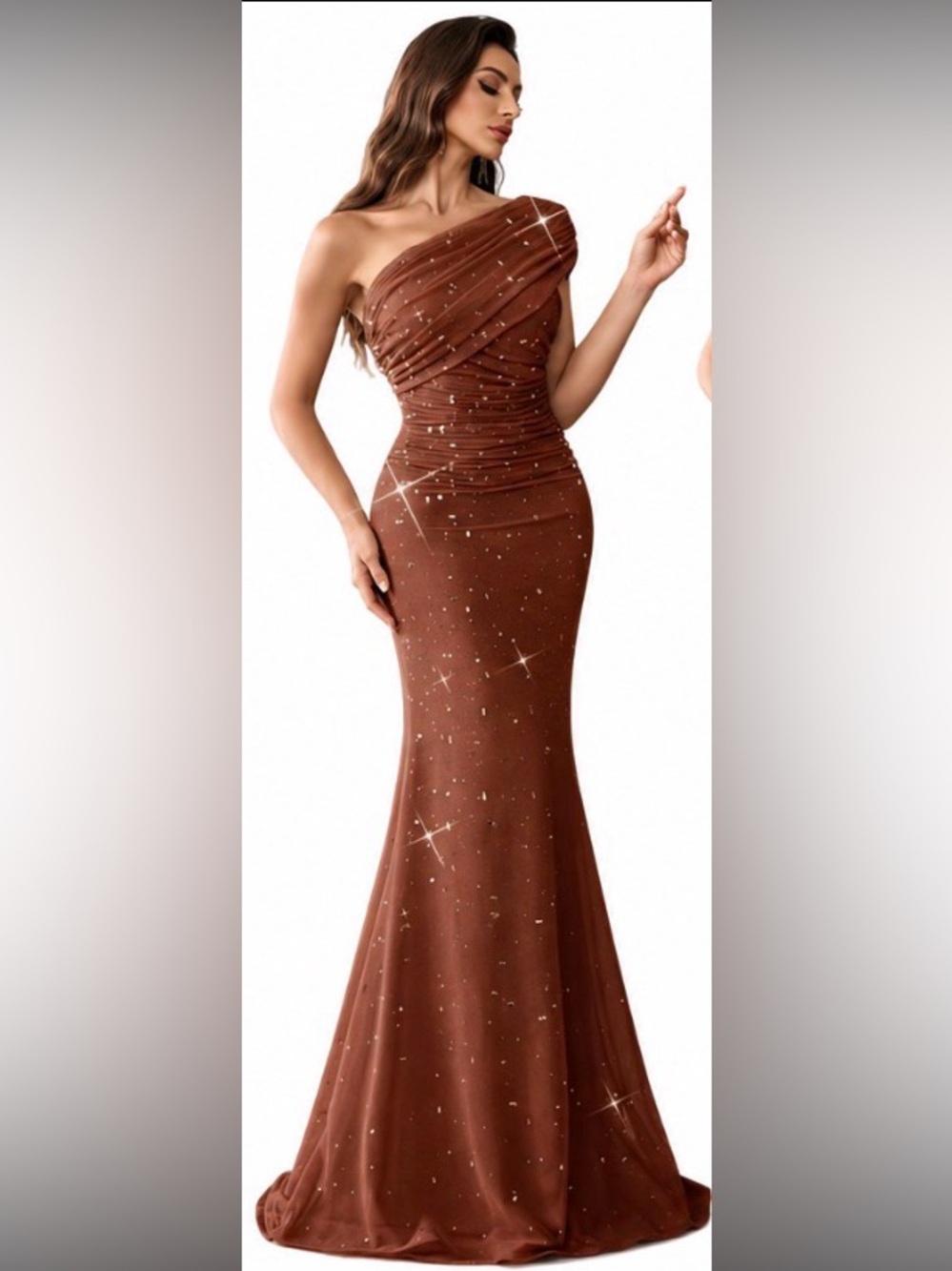Coffee Brown One-Shoulder Mermaid Evening Gown Size XS (US 2)